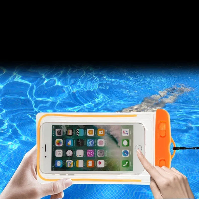 Universal waterproof luminous touch screen phone case in black and orange colours on outdoor setting