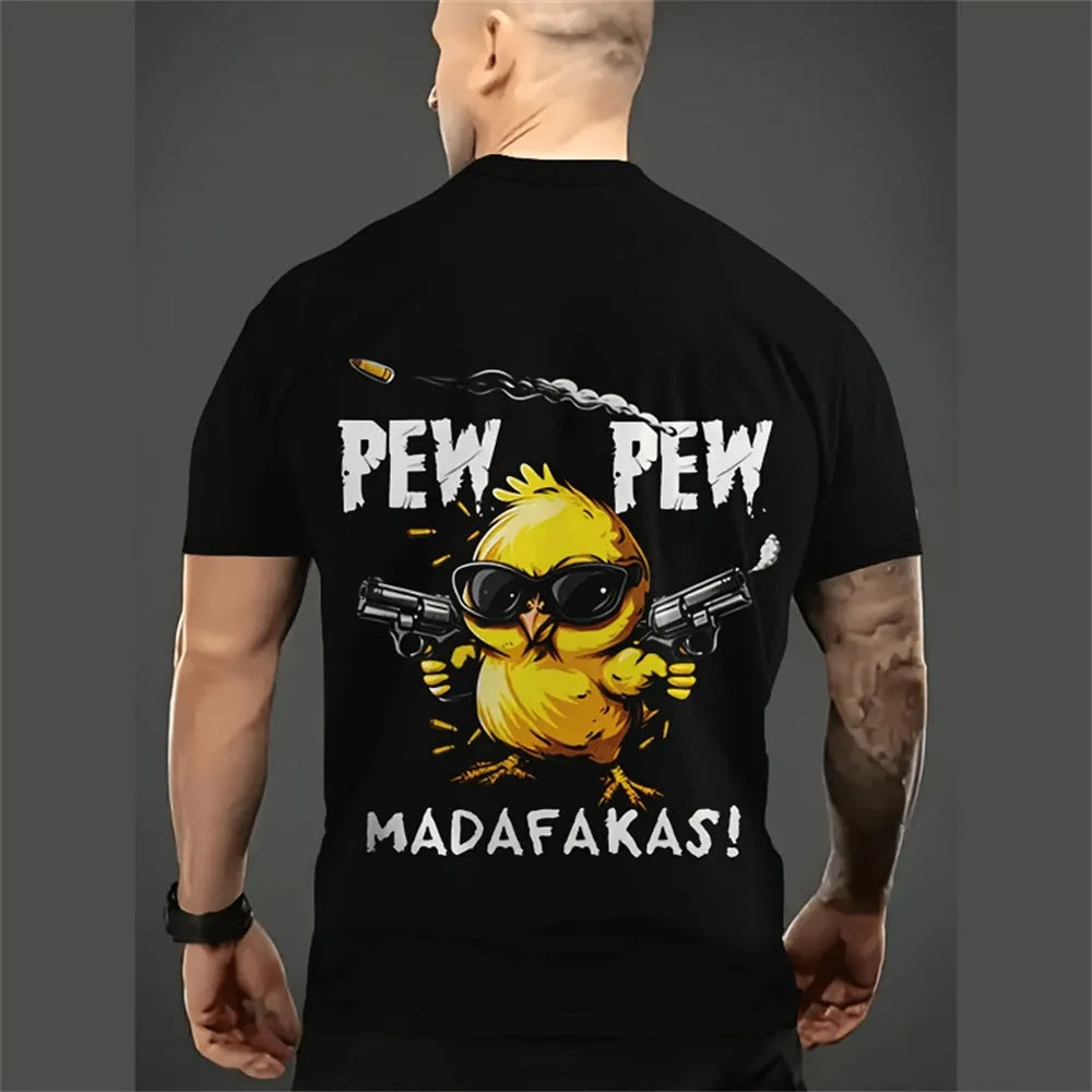 Men's loose fit casual T-shirt featuring a 3D printed cartoon pattern on the front.