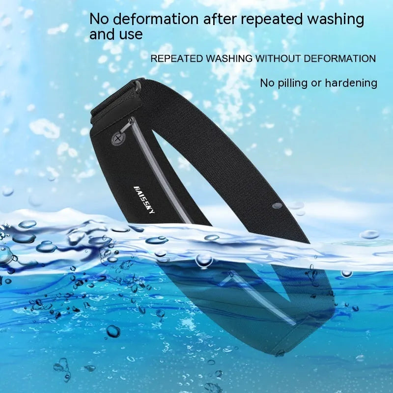 Black 8-inch waterproof waist bag made from chinlon Lycra for outdoor sports and fitness.