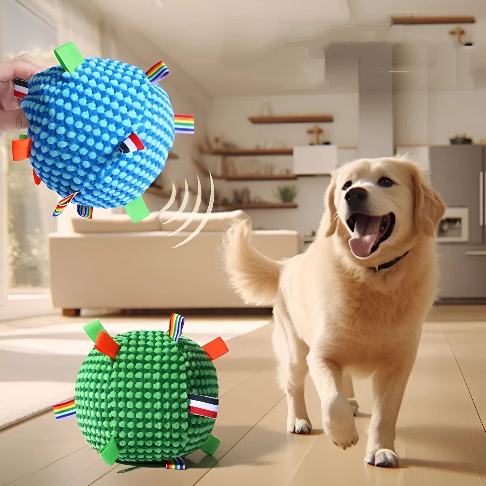 Blue and yellow 17cm dog ball toy with pineapple lattice texture and rolling ring design
