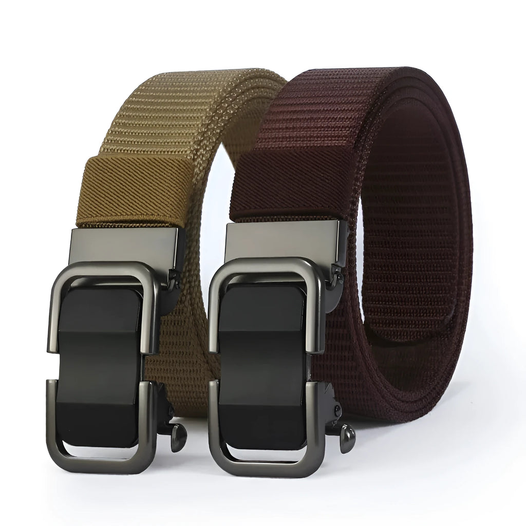 Men's nylon canvas toothless belt with alloy buckle in multiple colour options including army green, black, and blue