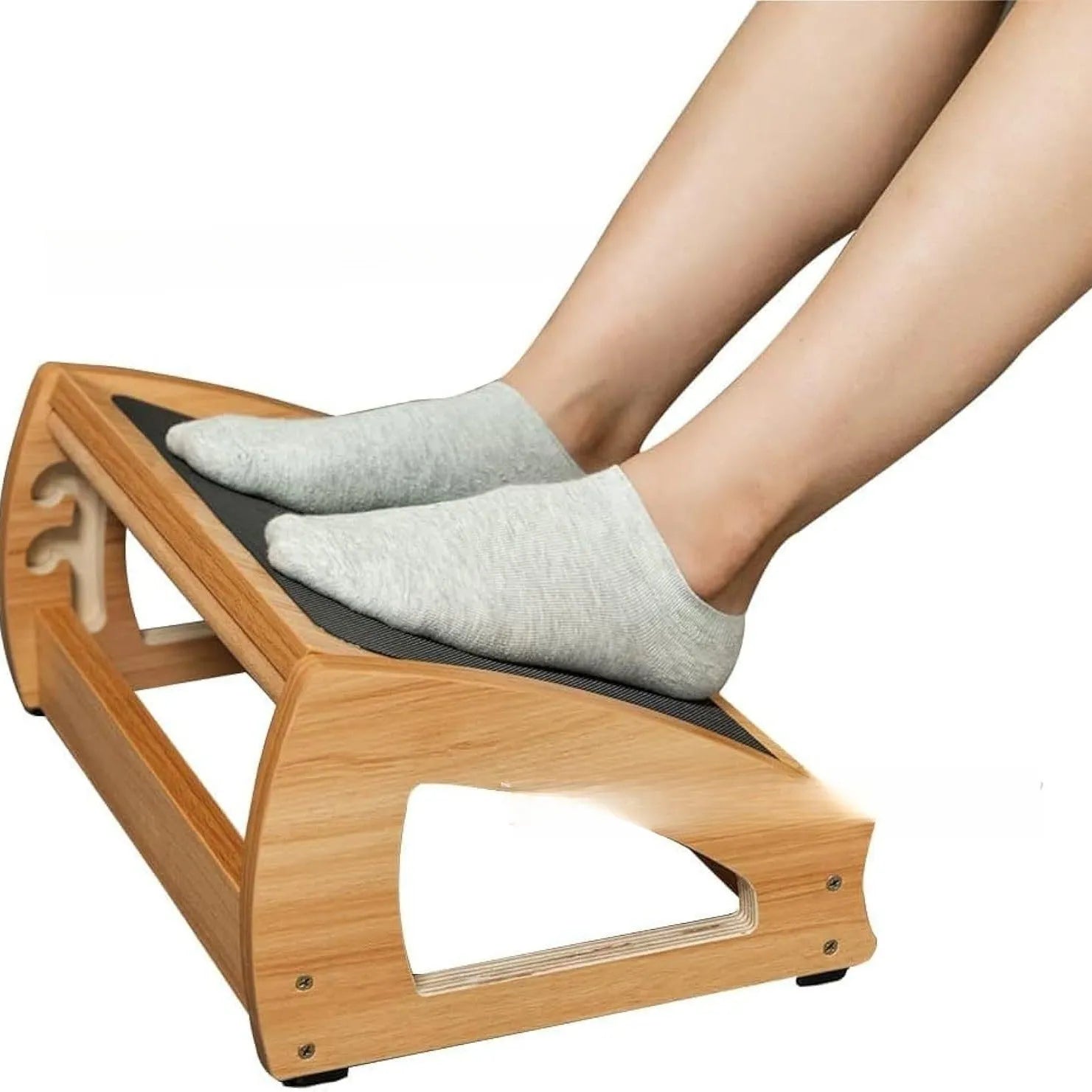 Wooden adjustable bamboo office desk footstool in natural wood colour with modern design