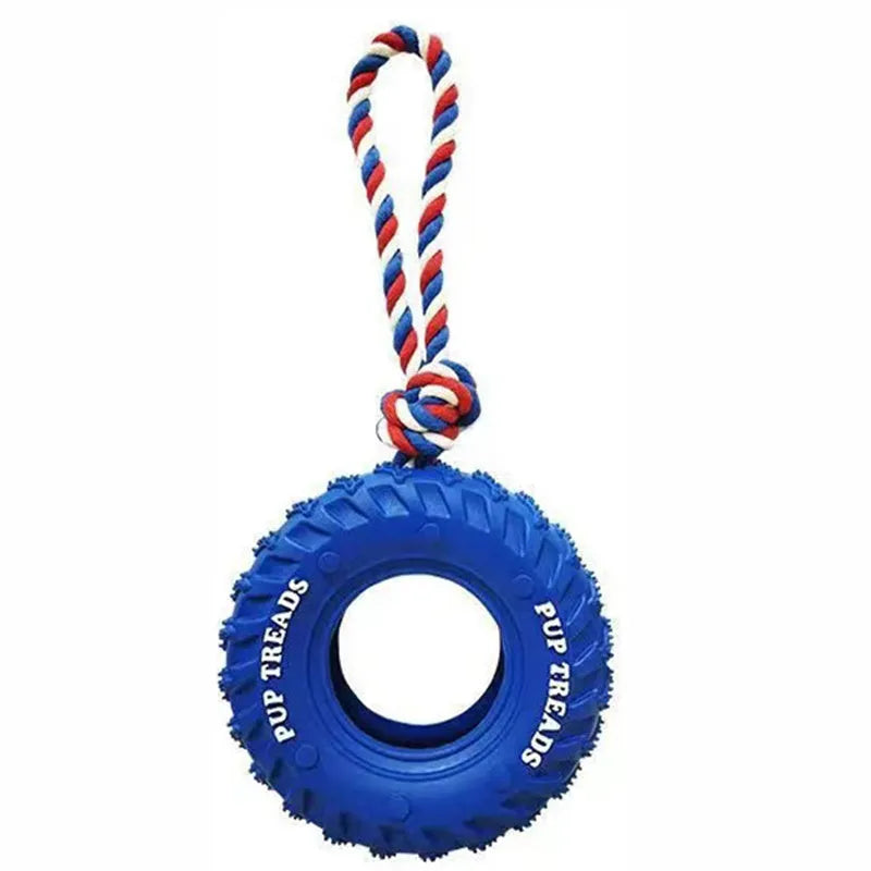 Black natural rubber dog chew toy shaped like a tire with rope, 35x16cm, for large aggressive chewers