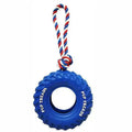 Black natural rubber dog chew toy shaped like a tire with rope, 35x16cm, for large aggressive chewers