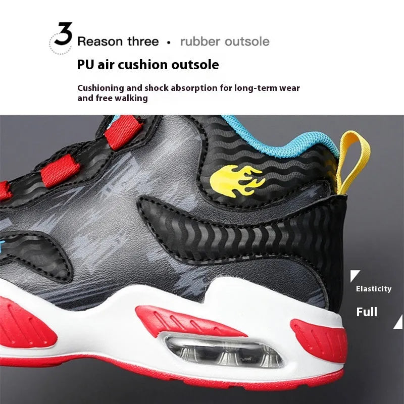 Children's rotating button basketball shoes in multiple colours with waterproof synthetic leather upper