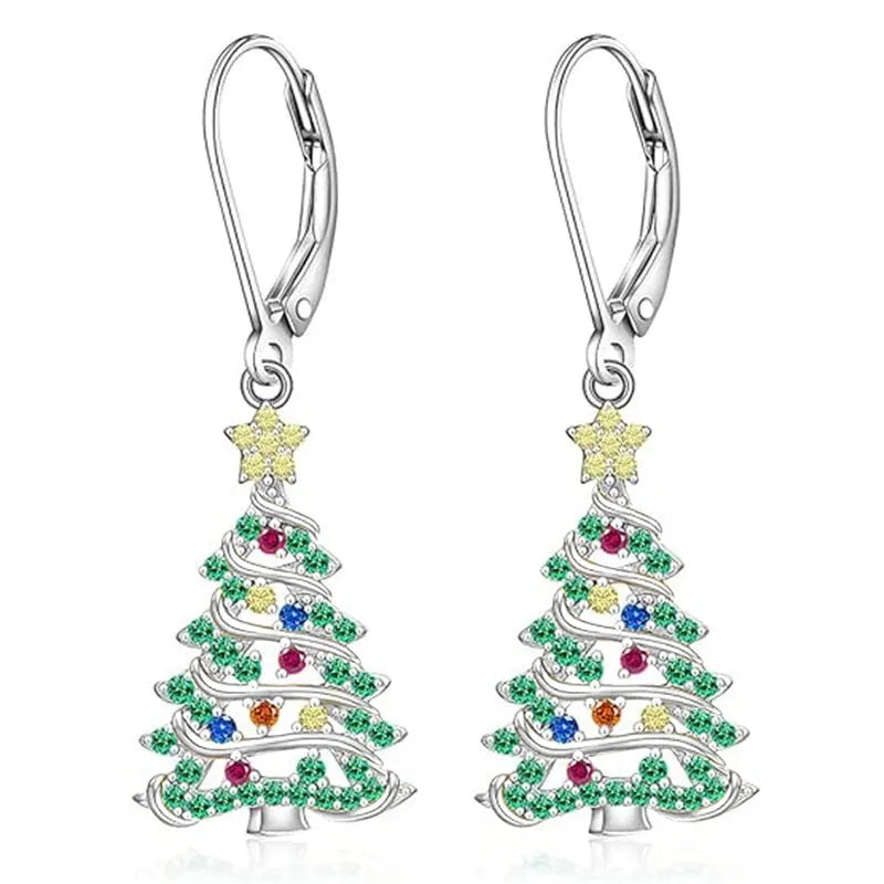 Women's copper Christmas tree earrings with white gold colour plating and star-shaped pendant design