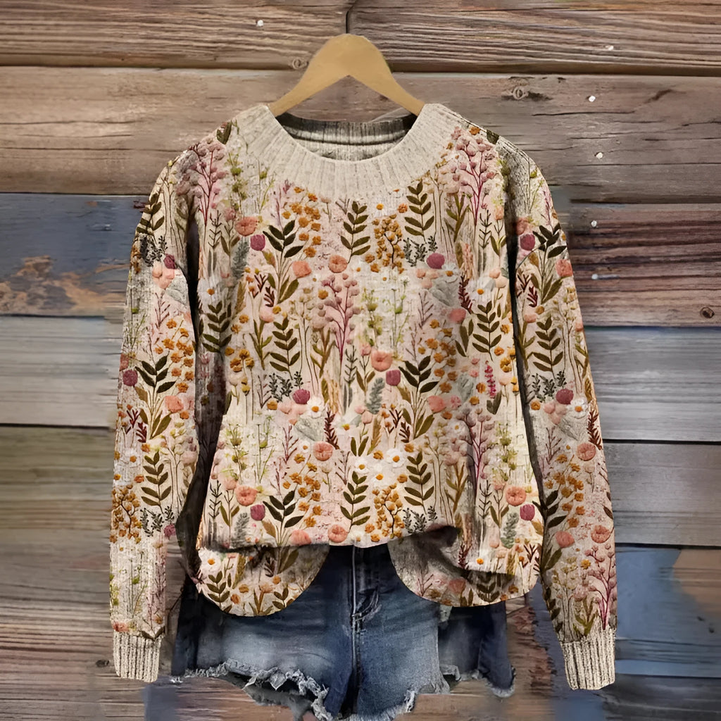 Women's digital printed floral pattern round neck sweater in polyester, shown in one of fourteen available colours.