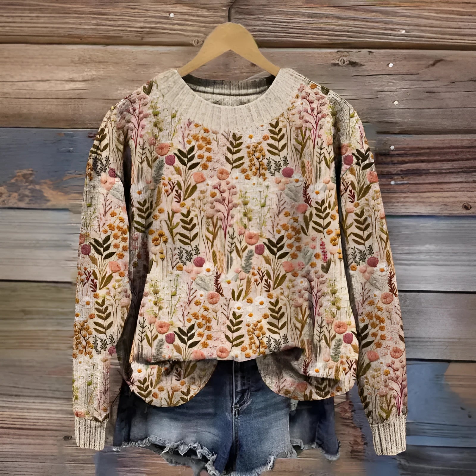 Women's digital printed floral pattern round neck sweater in polyester, shown in one of fourteen available colours.