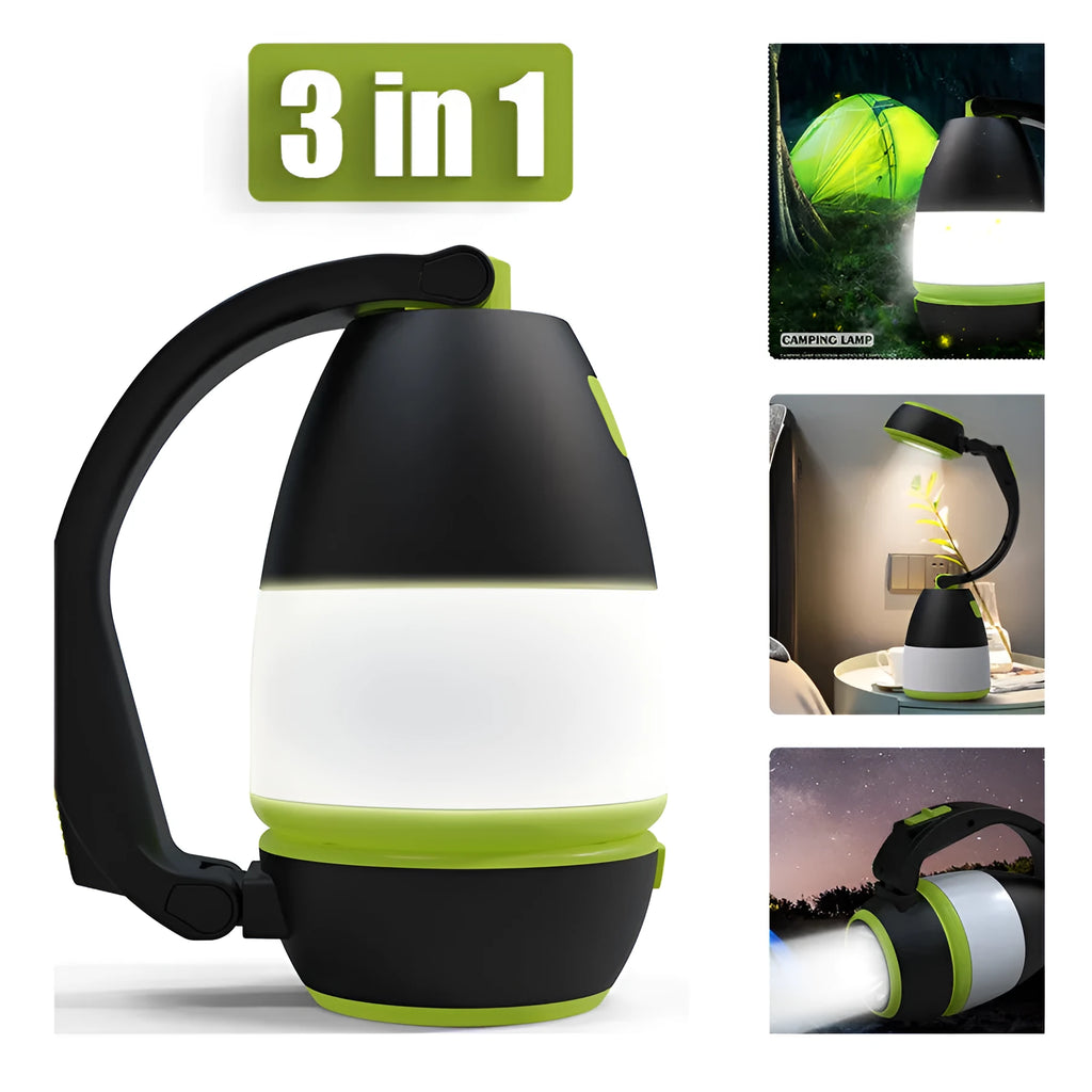 Black-green multifunctional LED lamp with adjustable head showing three lighting modes and USB charging port