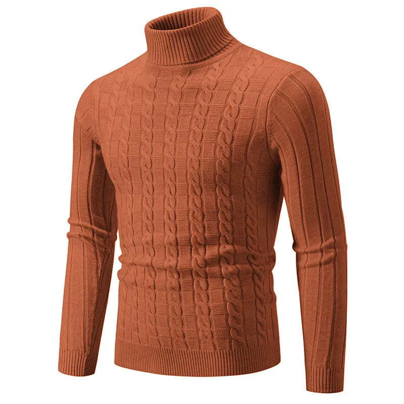 Men's slim fit turtleneck pullover jumper in spandex chenille fabric on a model.