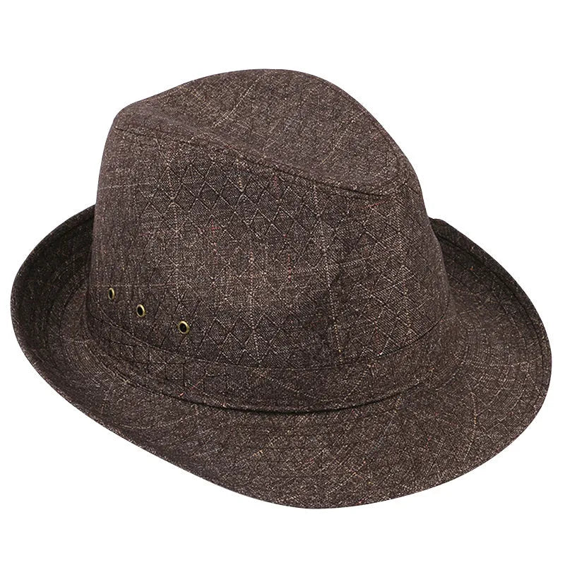 A men's brown fedora hat made from thickened suit material on a grey background.