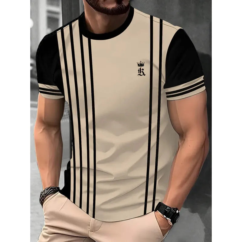 Men's loose grey T-shirt with colourful 3D printed vertical stripes, short sleeves, casual fit