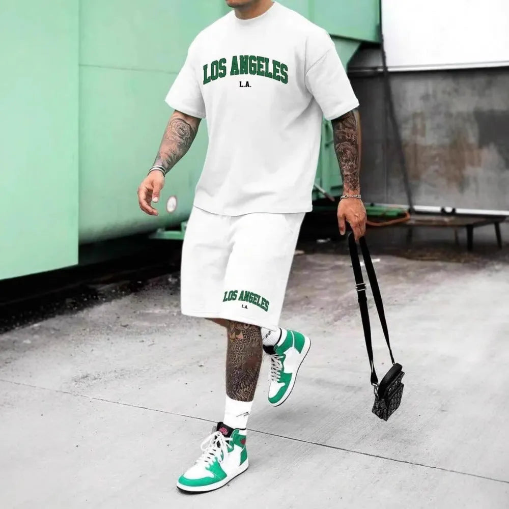 Men's short sleeve top and shorts sportswear set with 3D letter printing in polyester fabric