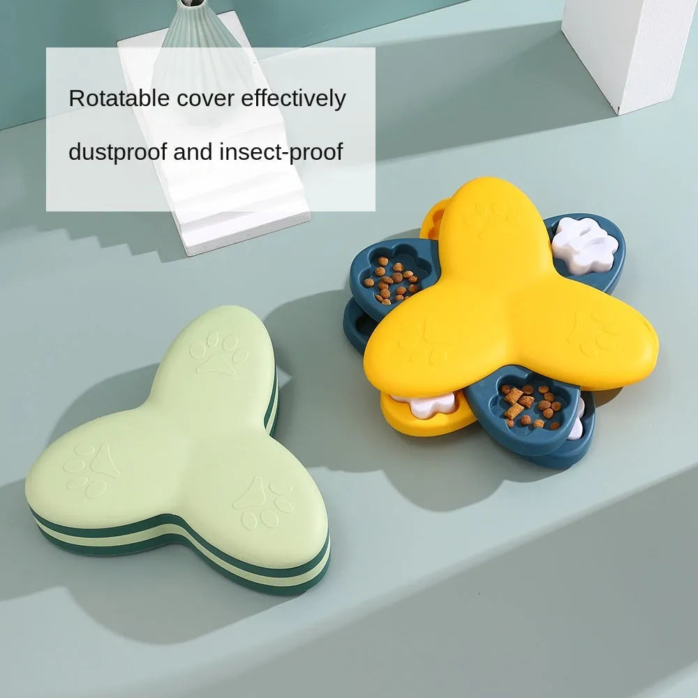 Green dog puzzle toy slow feeder with 9 compartments and bone covers on a non-slip base for interactive training