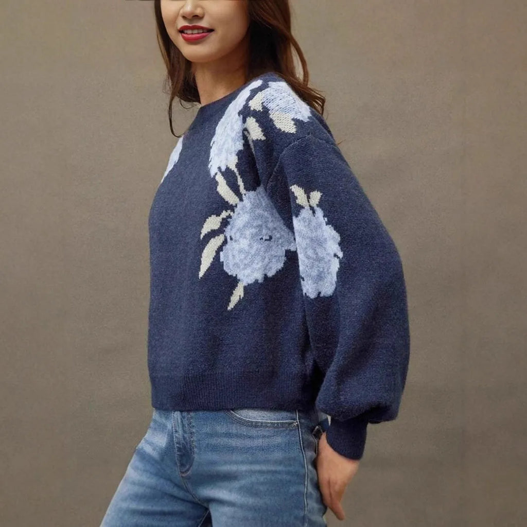 Sapphire blue women's pullover with flower jacquard pattern, loose casual fit with long sleeves