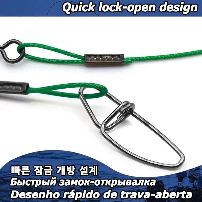 Ten coiled green steel wire fishing traces with double buckle pins, each measuring 54cm long.