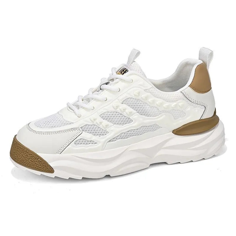 Men's white and black breathable mesh trainers with round toe design shown in sizes 39-44