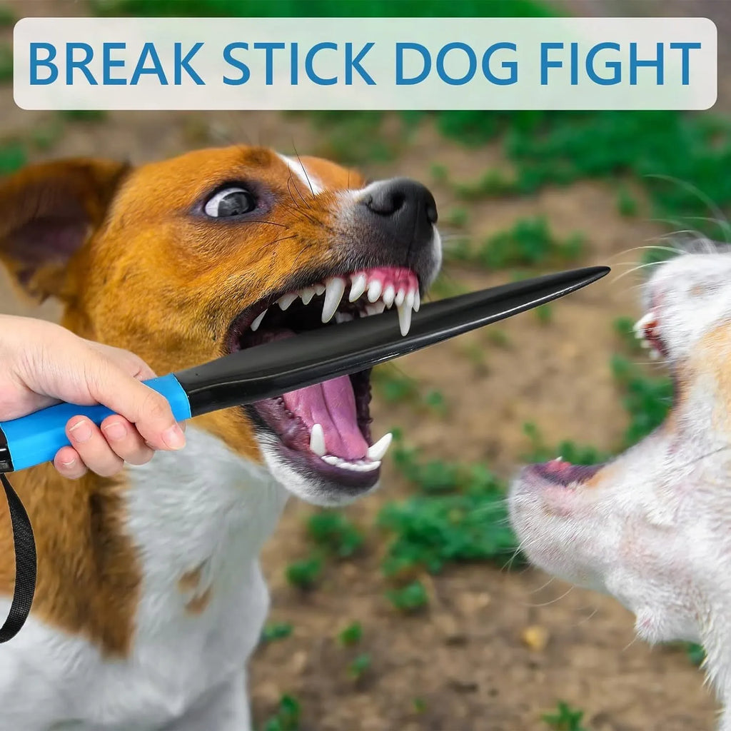 Blue-handled dog break stick measuring 35cm in length, made from nylon for training and chew toy use.