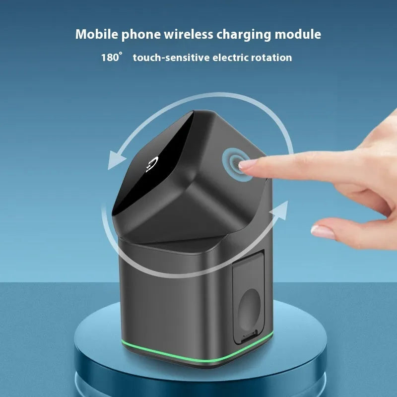 Black mobile phone charging stand with 180-degree rotation on wooden desk