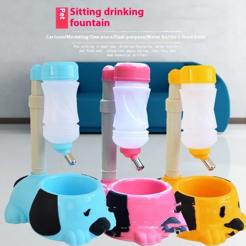 Adjustable rod-lift pet water bowl in pink, blue, or yellow, showing height mechanism.