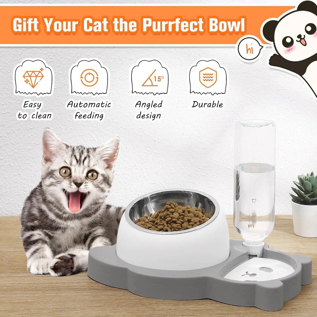 Raised cat bowl set with automatic water dispenser bottle in panda design