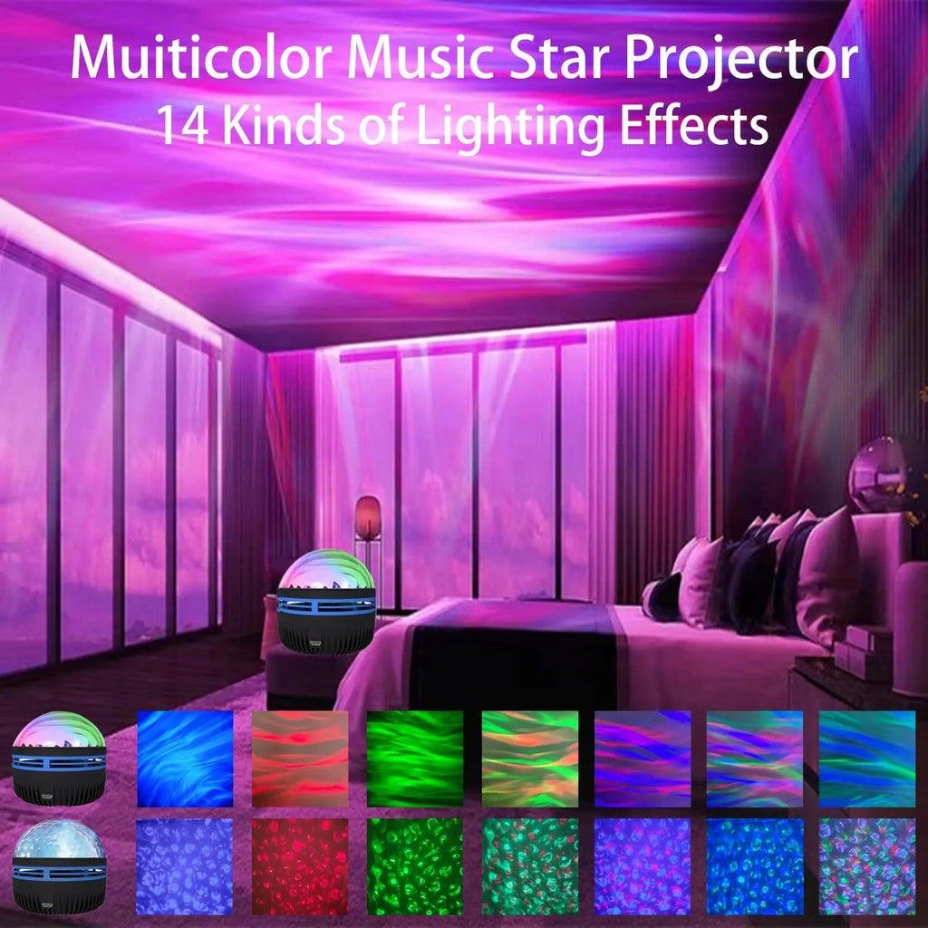Compact LED galaxy projector night light with removable acrylic shade on a bedside table.