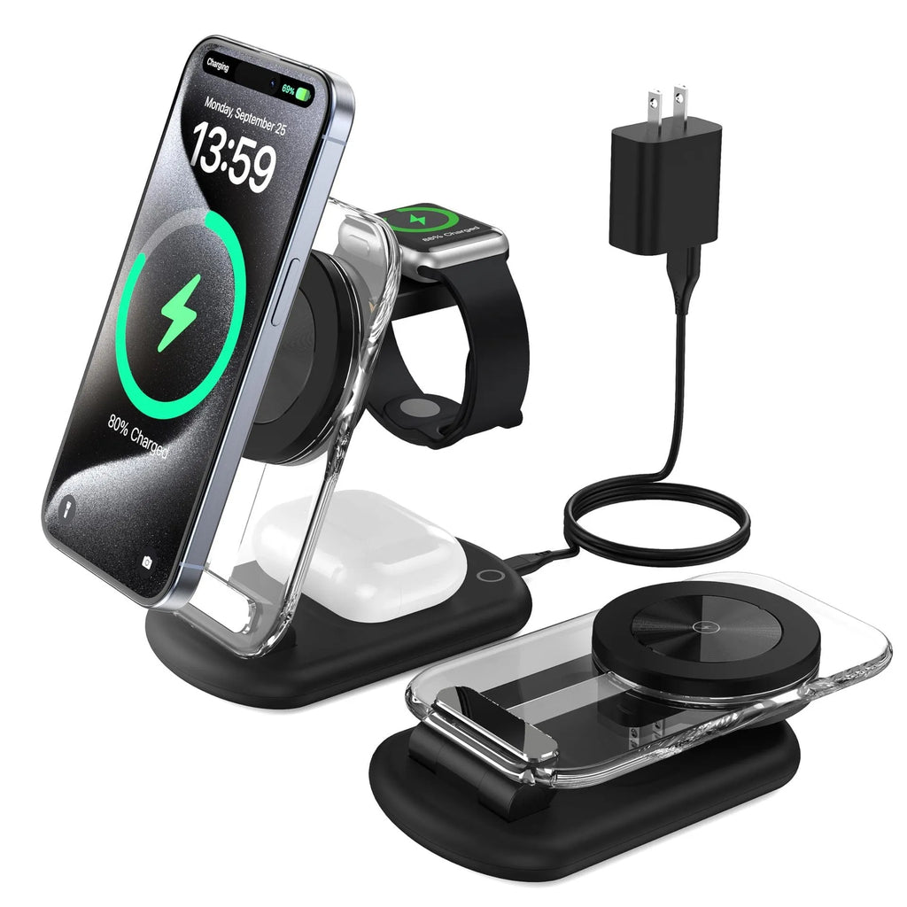 Transparent folding magnetic wireless charger showing internal components with QC3.0 fast charging