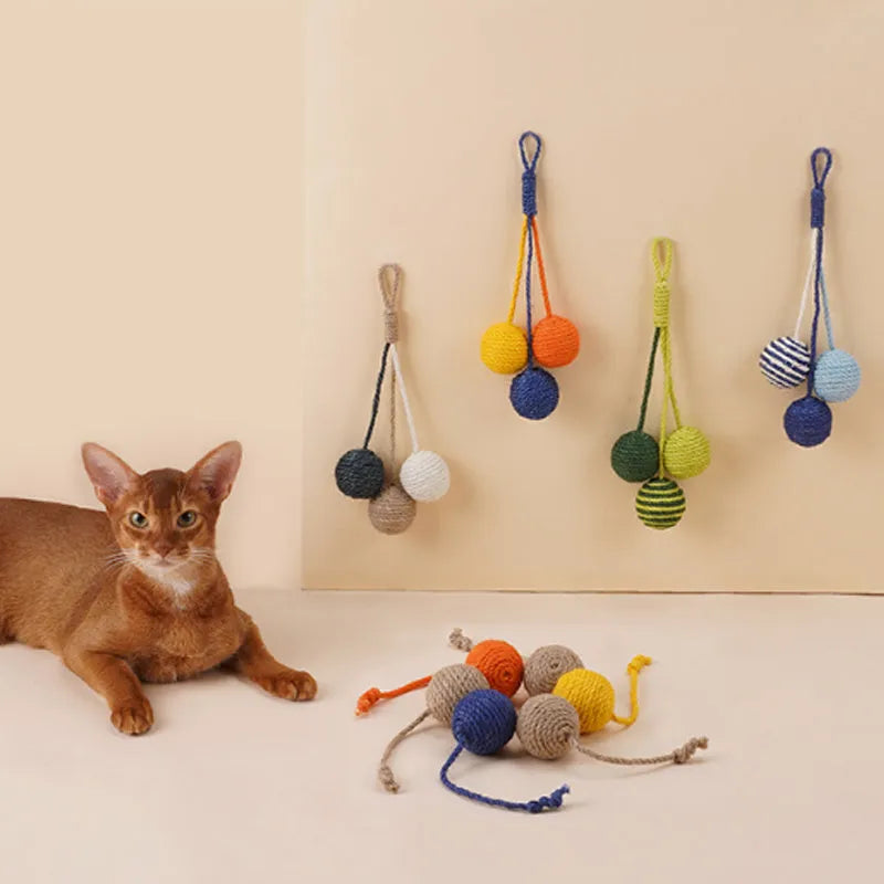Cat toy set with teaser stick and catnip balls in blue, green, and red yellow blue colours