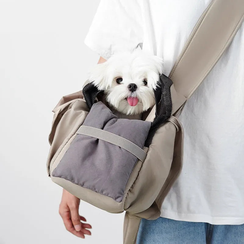Apricot cloth pet summer handbag showing dimensions of 41cm length by 16cm width by 28cm height