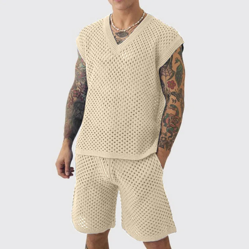Men's blue V-neck sleeveless vest with matching sports shorts on a hanger