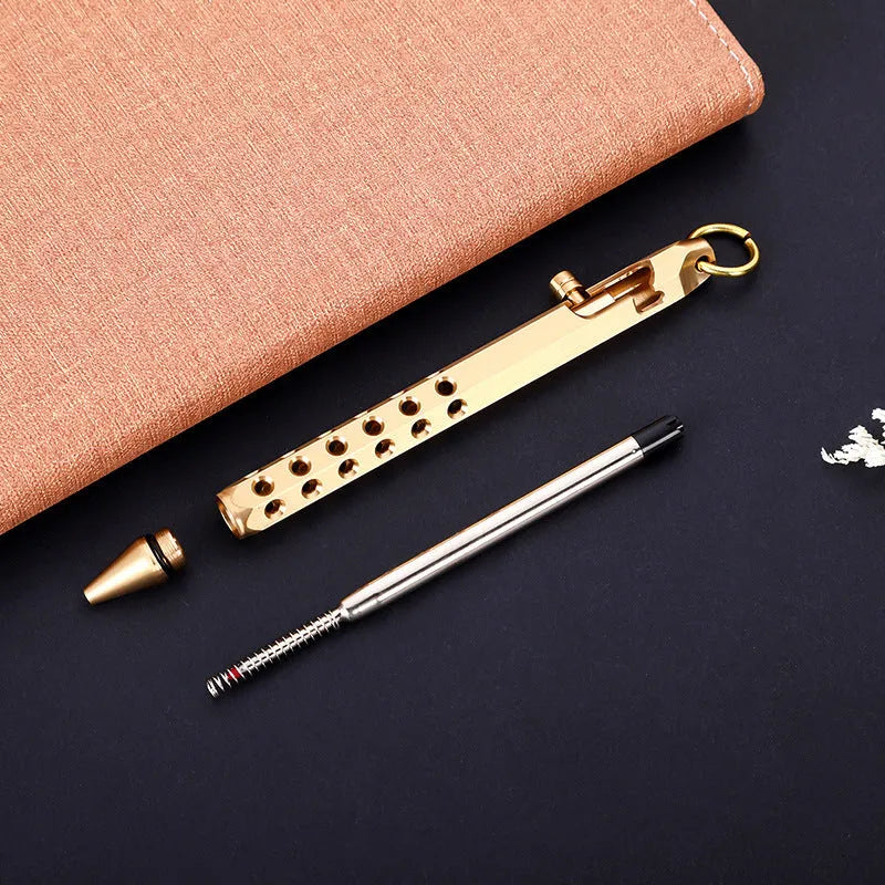Brass hexagonal bolt pen with 6-angle design showing length and diameter dimensions