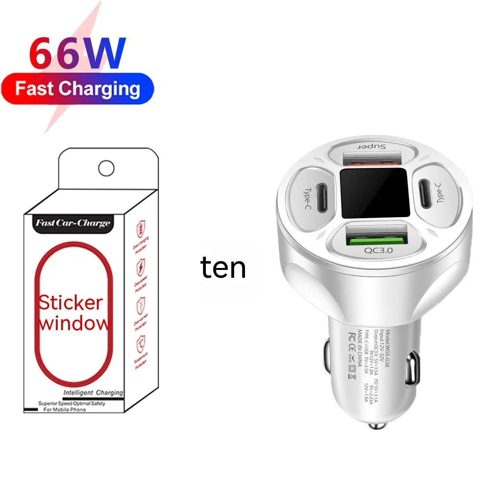 66W black digital display car charger with two USB ports and two Type-C ports