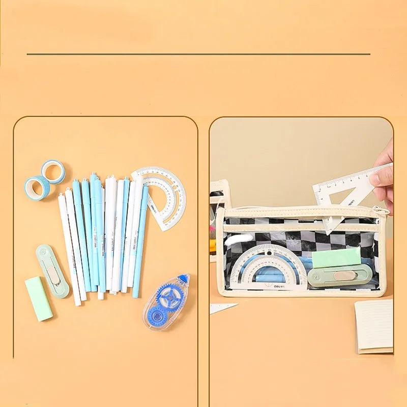 Transparent PVC pencil case with chessboard pattern measuring 21.5cm, shown in black and white grid design
