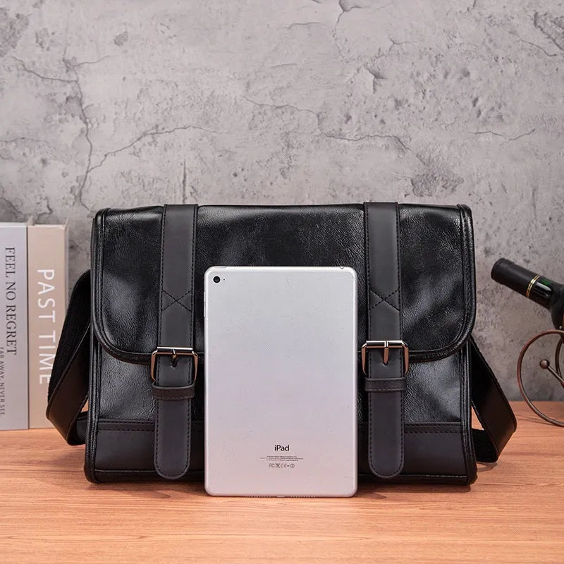 Black Korean-style men's anti-theft commuter backpack with waterproof PU material and visible sewing thread detailing
