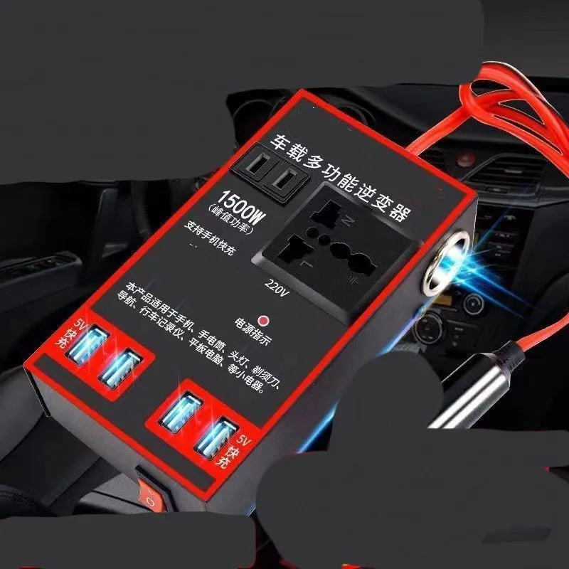 Black automotive power converter converting 12V 24V vehicle power to 220V with USB charging ports