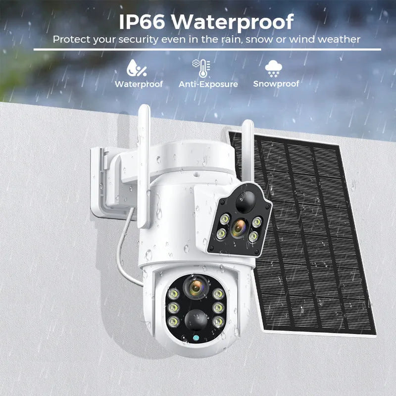 Outdoor solar wireless security camera with solar panel on white background