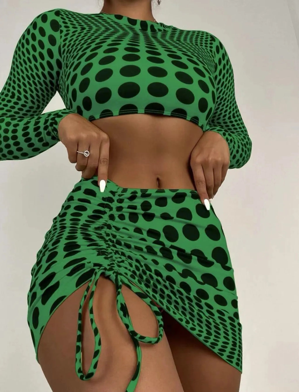 Women's polka dot swimsuit three-piece set in green and yellow with polyester fabric