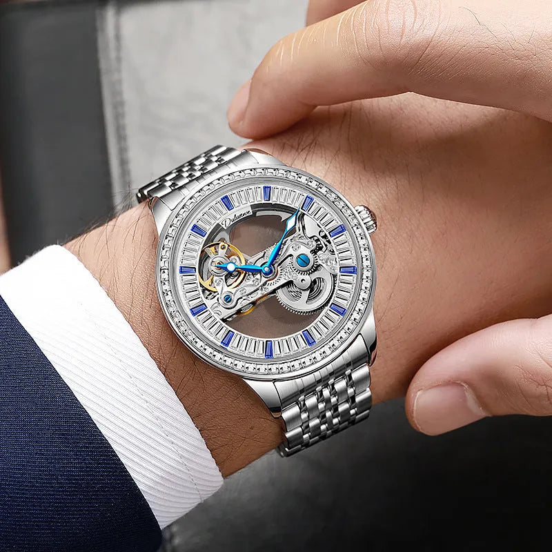 Men's luxury zircon mechanical watch with waterproof case and choice of strap options