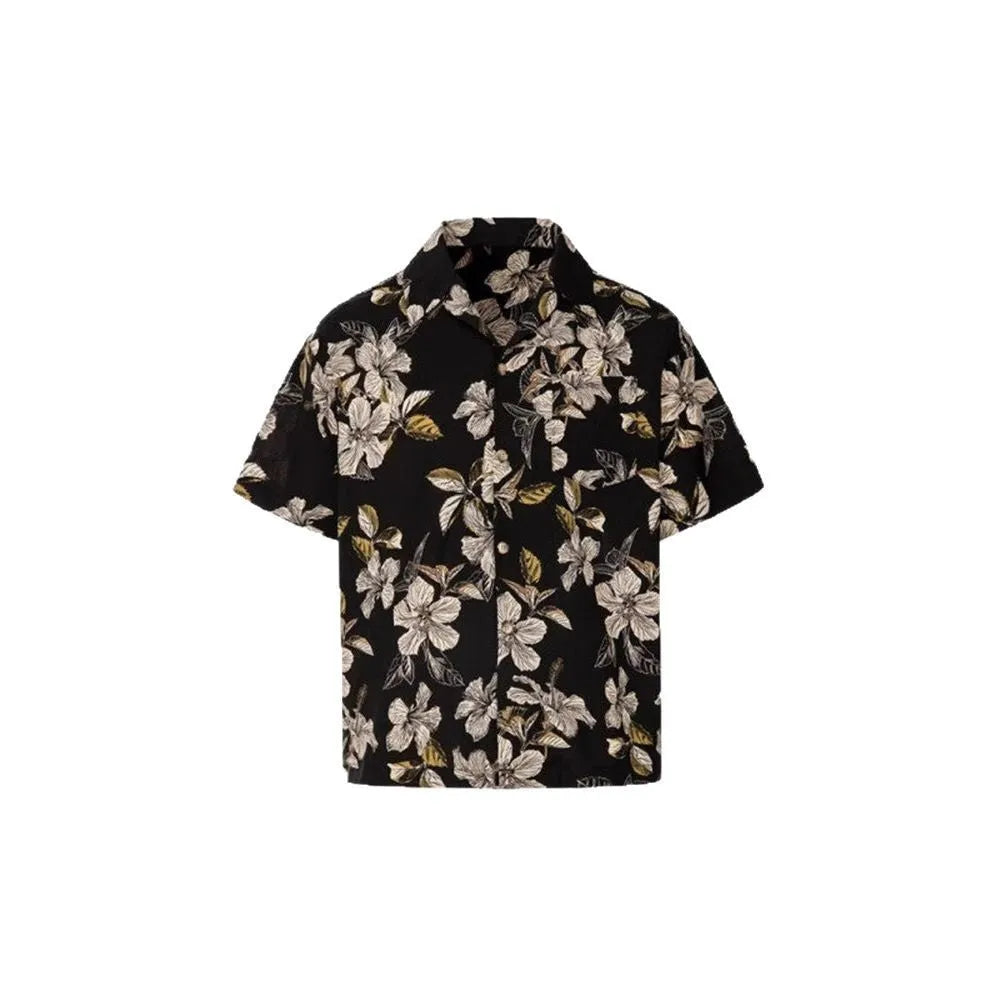 Men's black floral print ice silk Cuban collar short sleeve shirt laid flat.