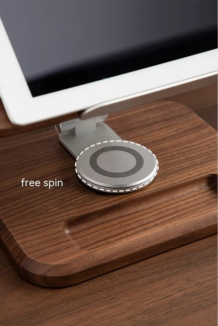 Black walnut solid wood adjustable rotating reading rack holding an iPad on a desk