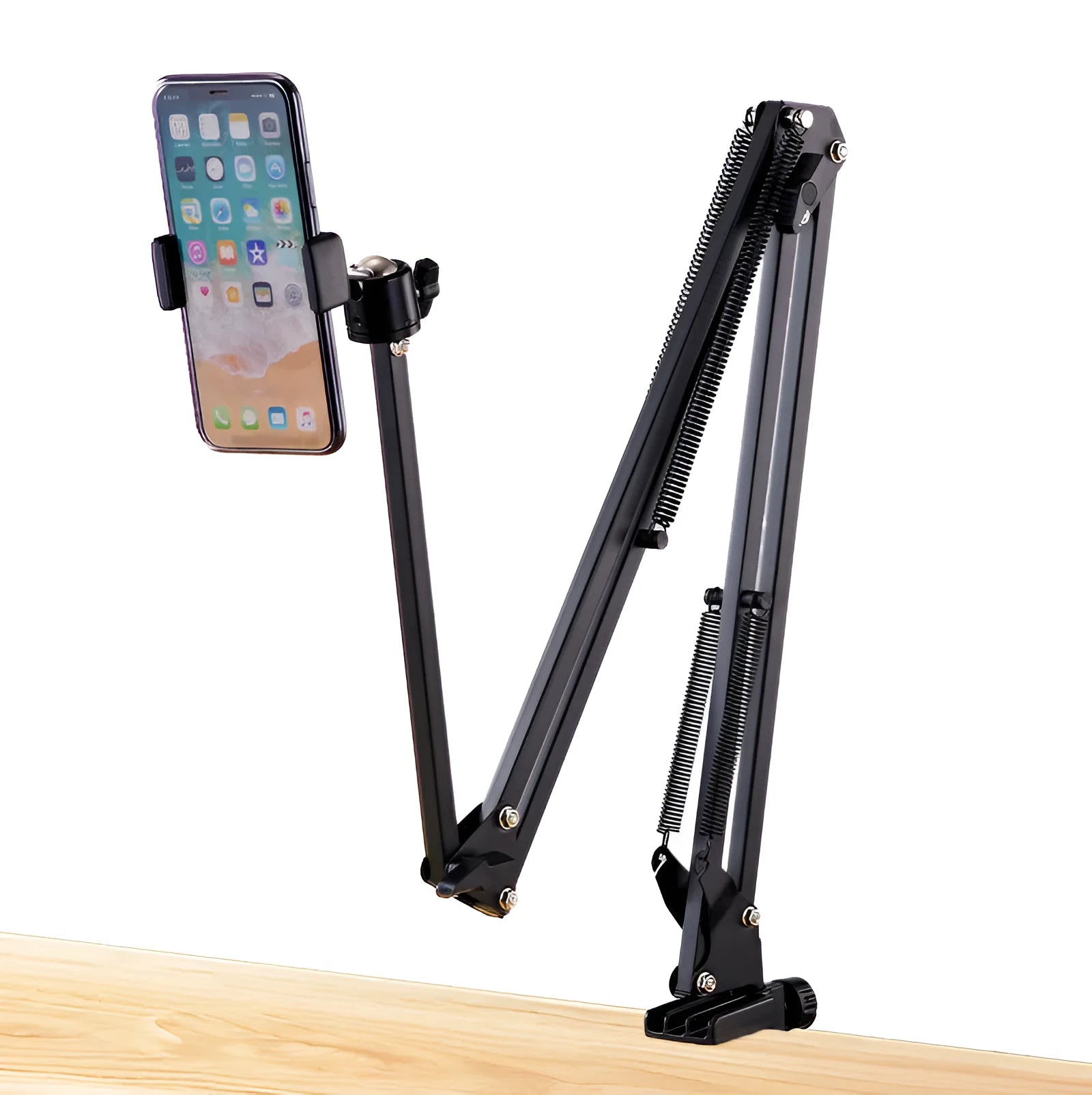 Black foldable metal desktop cantilever bracket with tablet clip extended in adjustable position