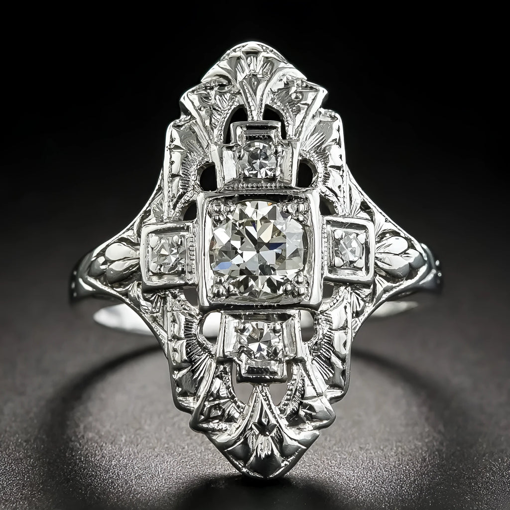 Geometric hollow out copper ring with diamond accents in electroplated silver finish