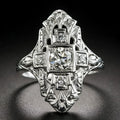 Geometric hollow out copper ring with diamond accents in electroplated silver finish