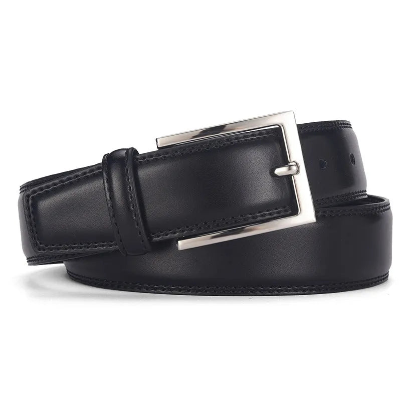 Men's black genuine leather belt with a silver alloy pin buckle fastened, showing glossy patent leather finish.