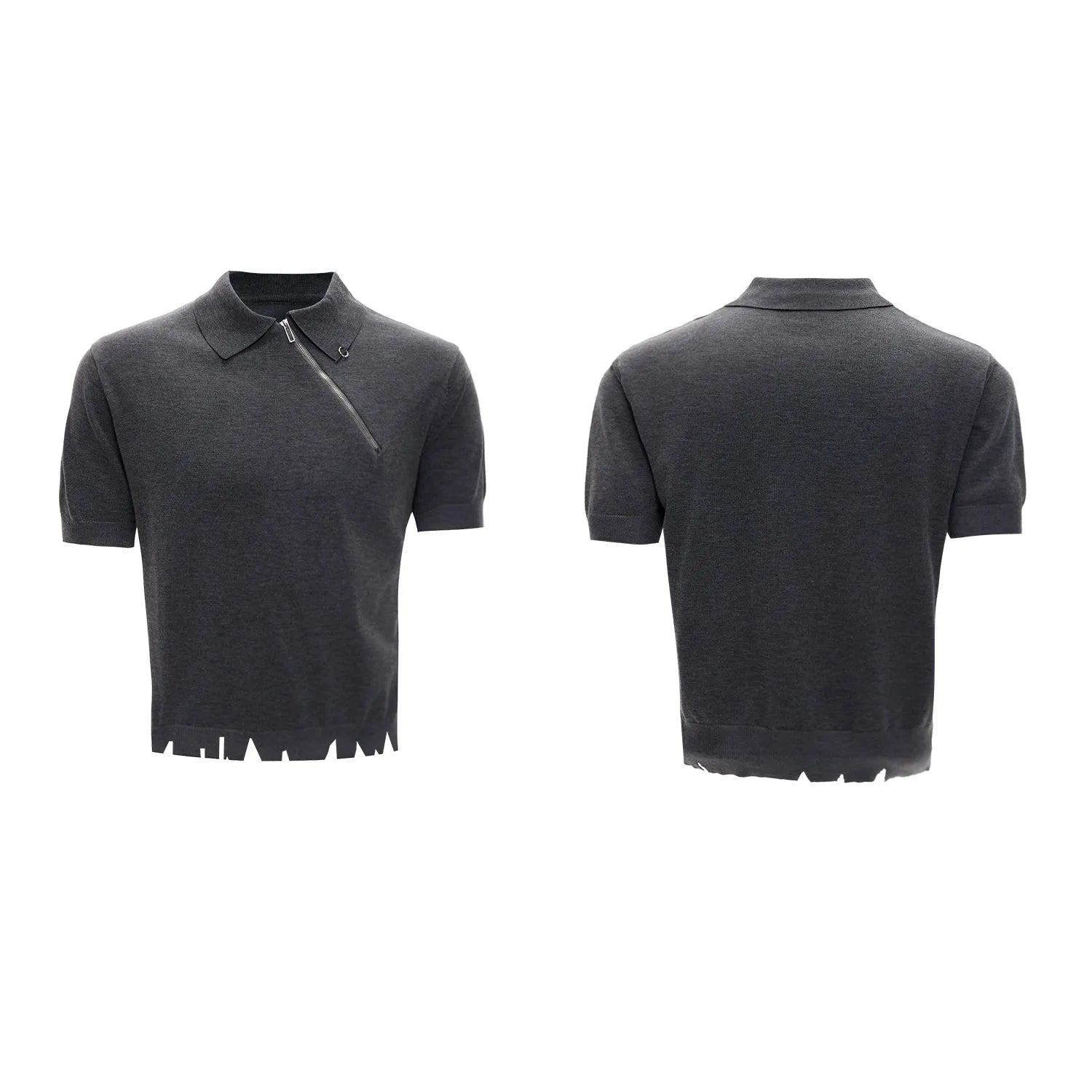 Man modelling a slim-fit black knitted polo shirt with an oblique diagonal zip closure and short sleeves.