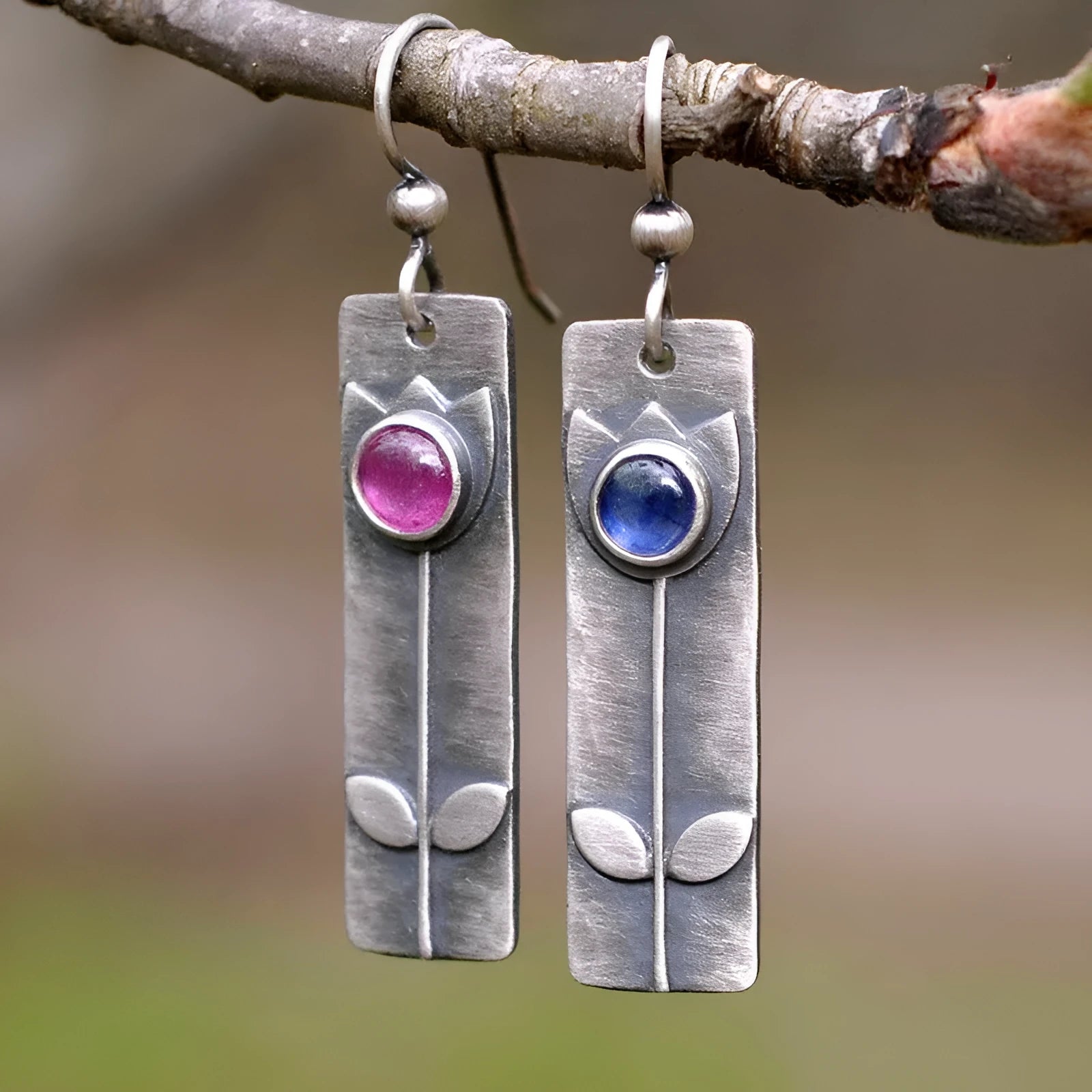 Women's antique finish red sapphire geometric earrings with ellipse design