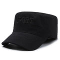Men's flat-top cotton peaked cap in army green with an adjustable strap and a dome crown.