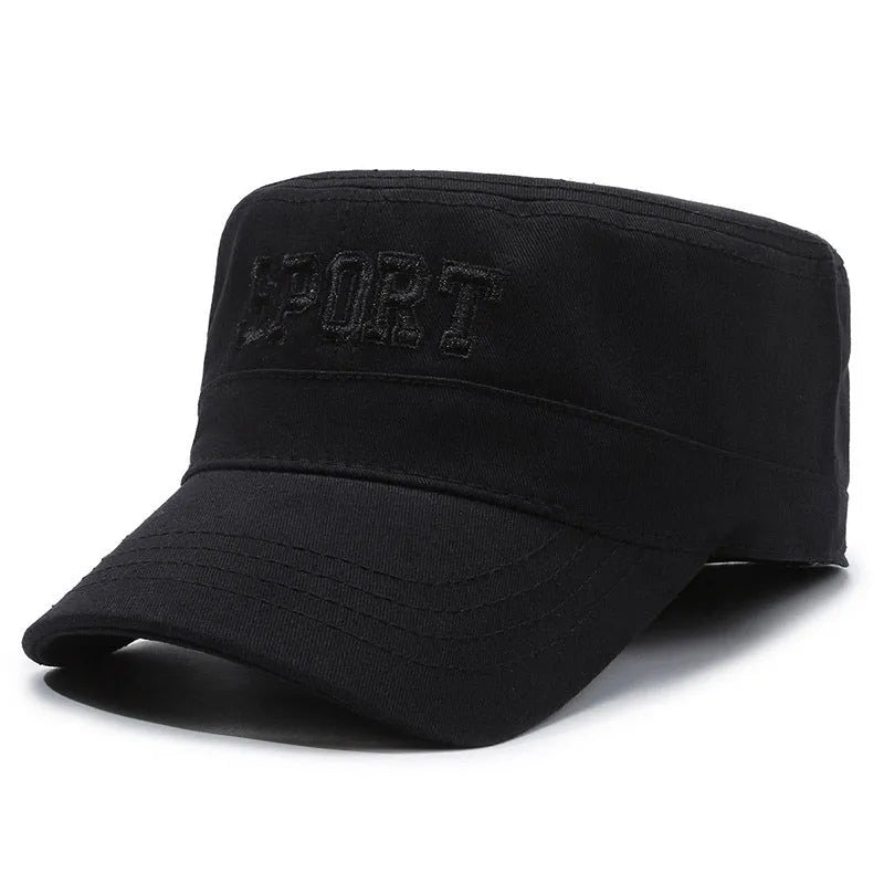 Men's flat-top cotton peaked cap in army green with an adjustable strap and a dome crown.
