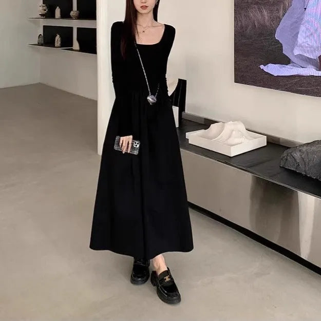 Women's black square collar knitted long sleeve dress with A-line skirt and elastic waist