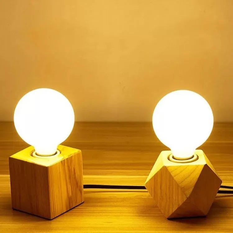 Retro wood lamp holder in square shape with hanging wire, natural wood finish, 75x80mm, E27 socket